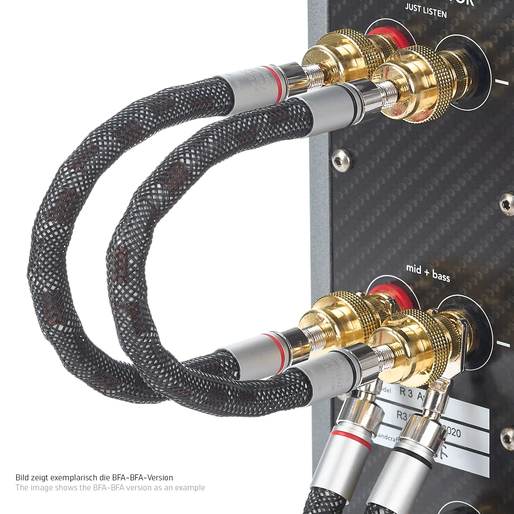 2405 AIR bi-wire speaker cables connected to an amplifier via bridges 