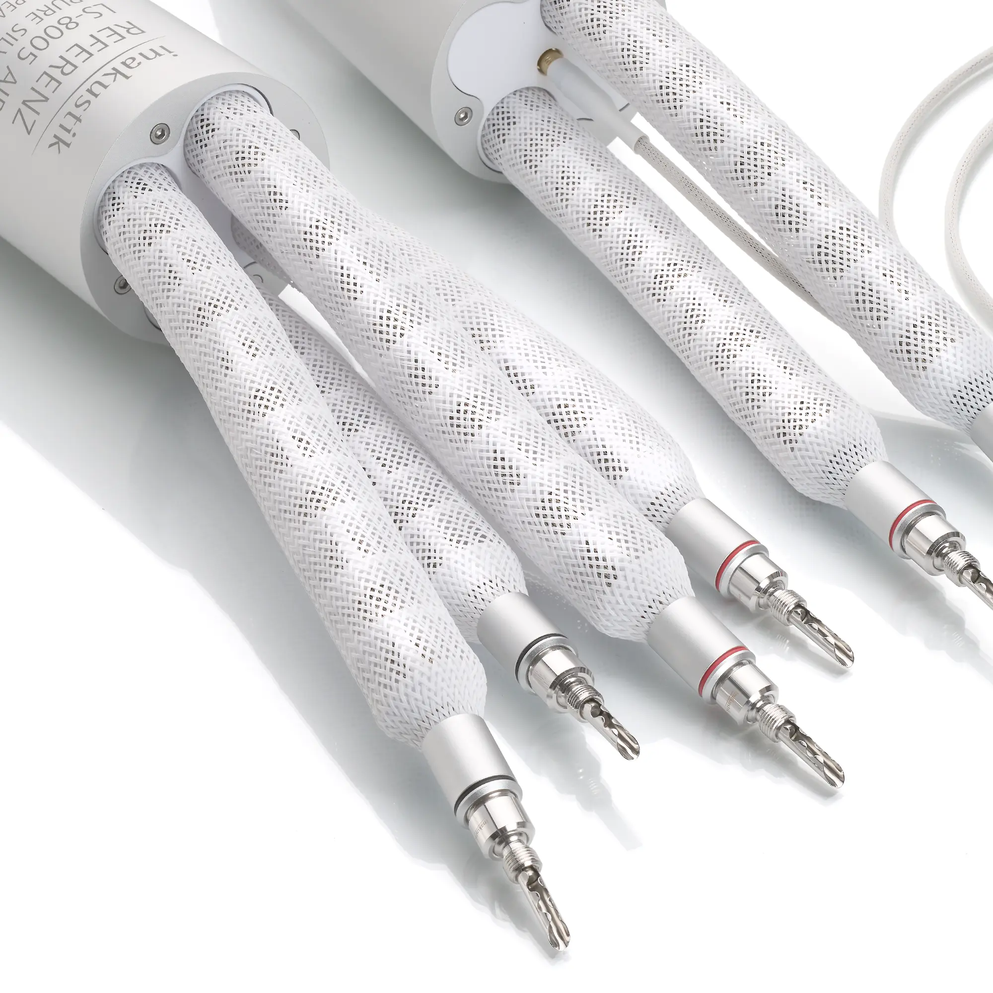 Close-up of 8005 speaker cable with silver cable lugs on a white background