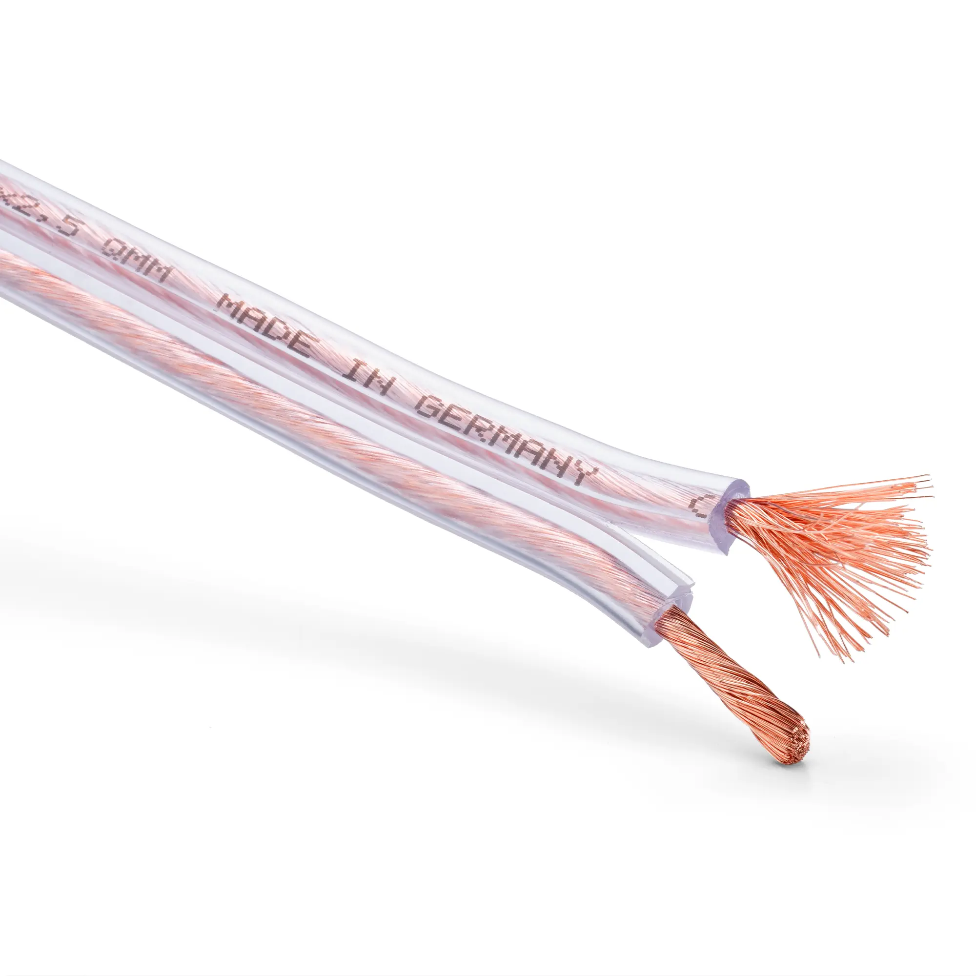 Close-up of the transparent premium copper cable with twisted strands on one side.