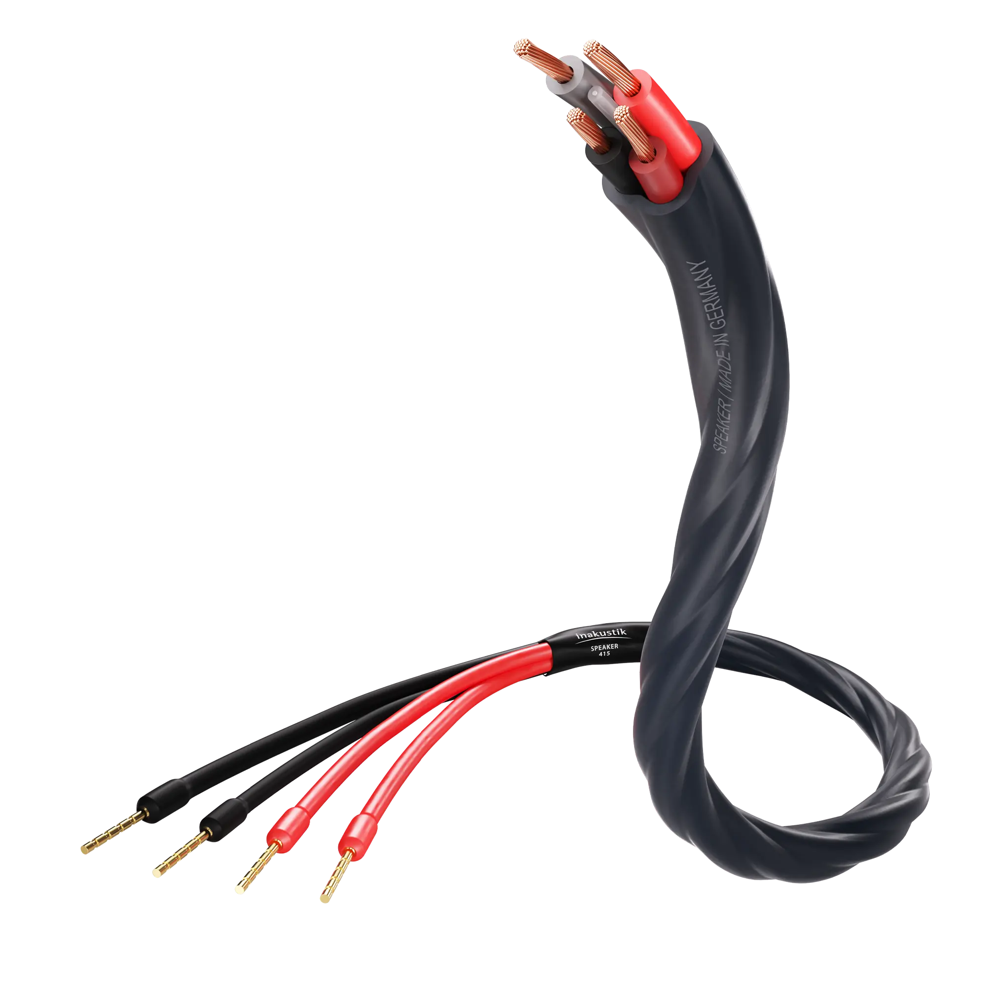 Produktbild S25 Speaker 415 Kabel Single-Bi-Wire PIN Stecker Ausführung, unten sind Stecker montiert, die obere Seite des Kabels liegt offen.