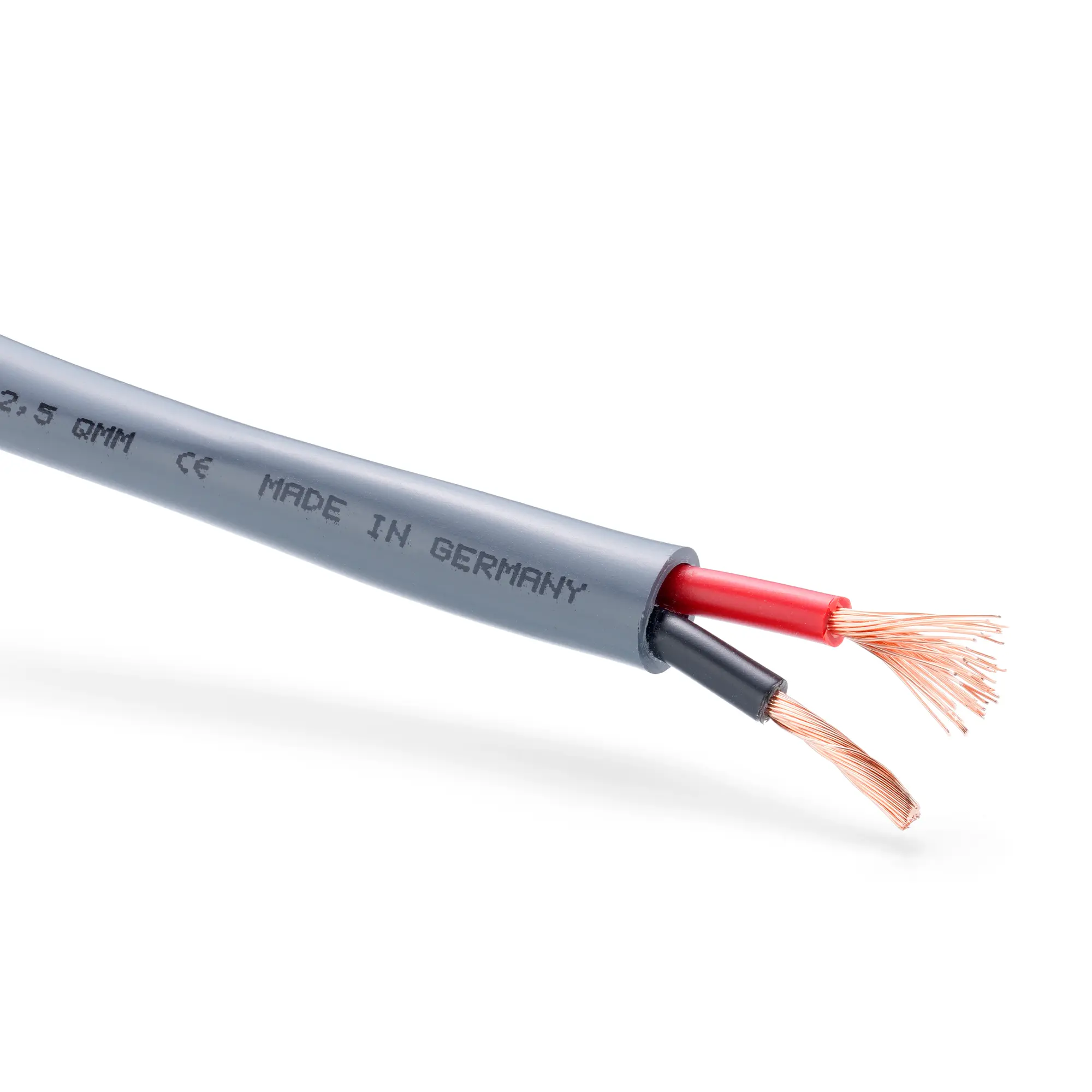 Close-up of the flame-retardant speaker cable with exposed strands