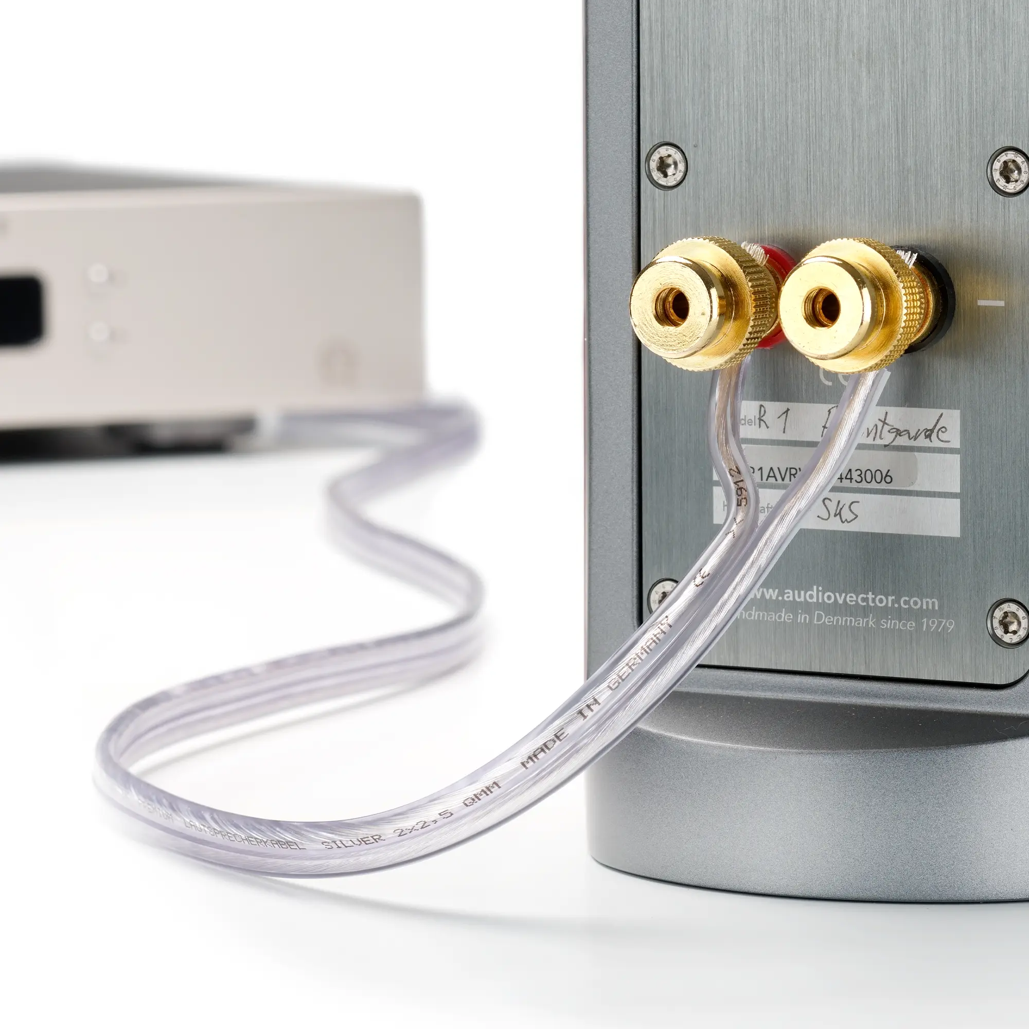 Close-up of the transparent silver cable connected to a speaker and amplifier.