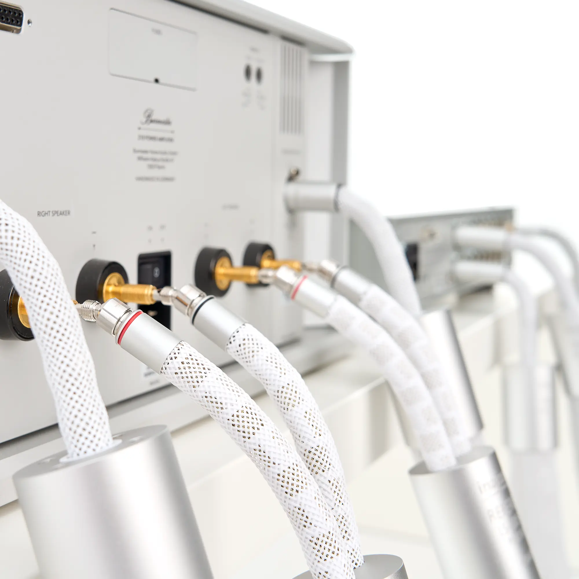 Close-up of an LS-4005 speaker cable with silver connectors attached to a device 