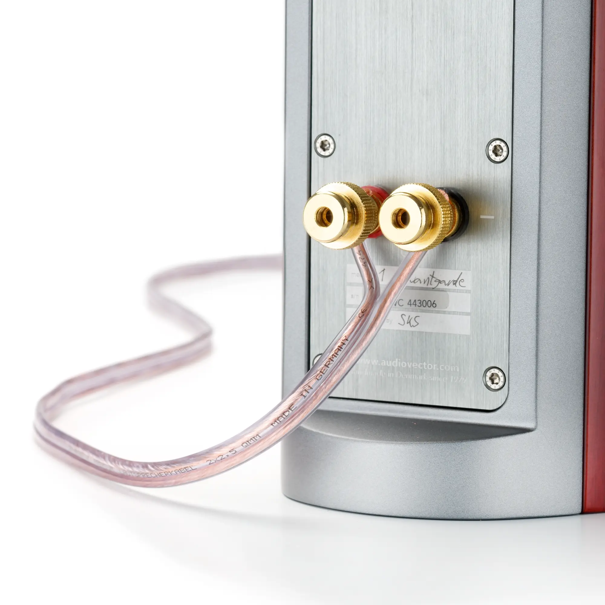 Close-up of a premium copper cable connected to a speaker.