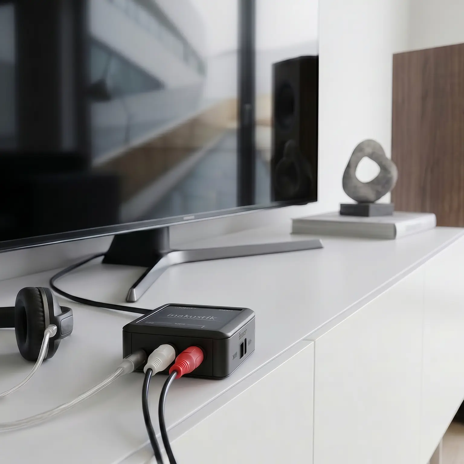 The Star HDMI Extractor is connected to HDMI, Toslink, and coaxial cables on the back of a TV
