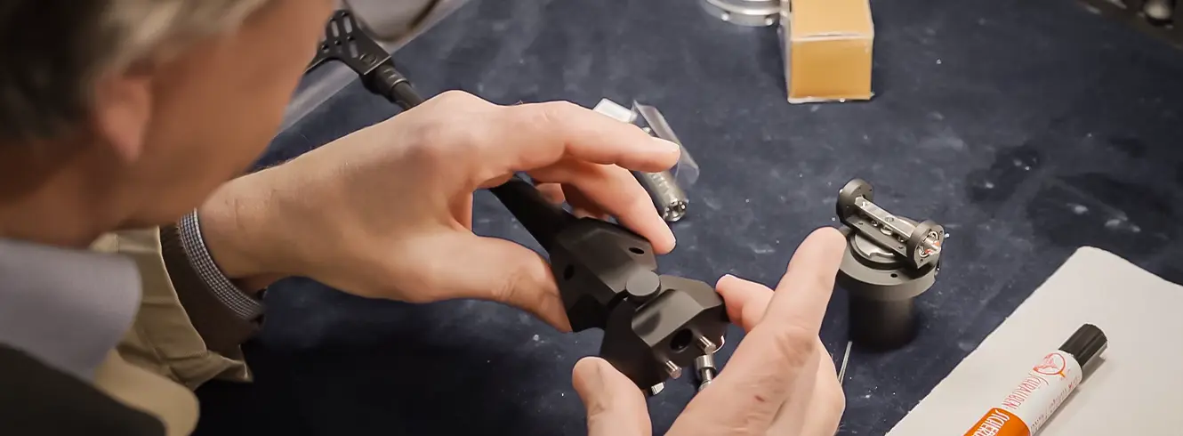 Close-up of a manufacturing step in the production of a Transrotor tonearm