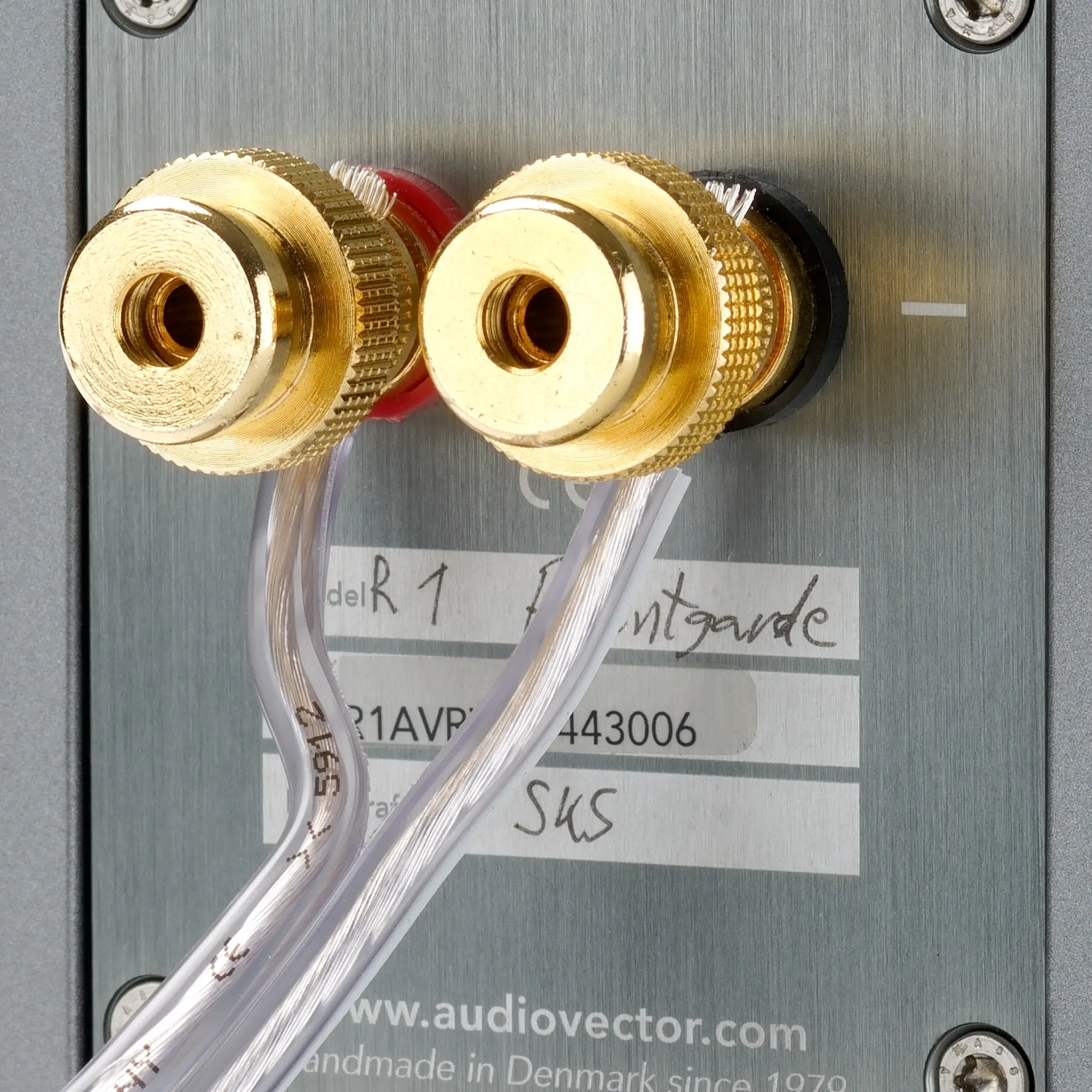 Product image of the transparent silver cable connected to a speaker and amplifier.