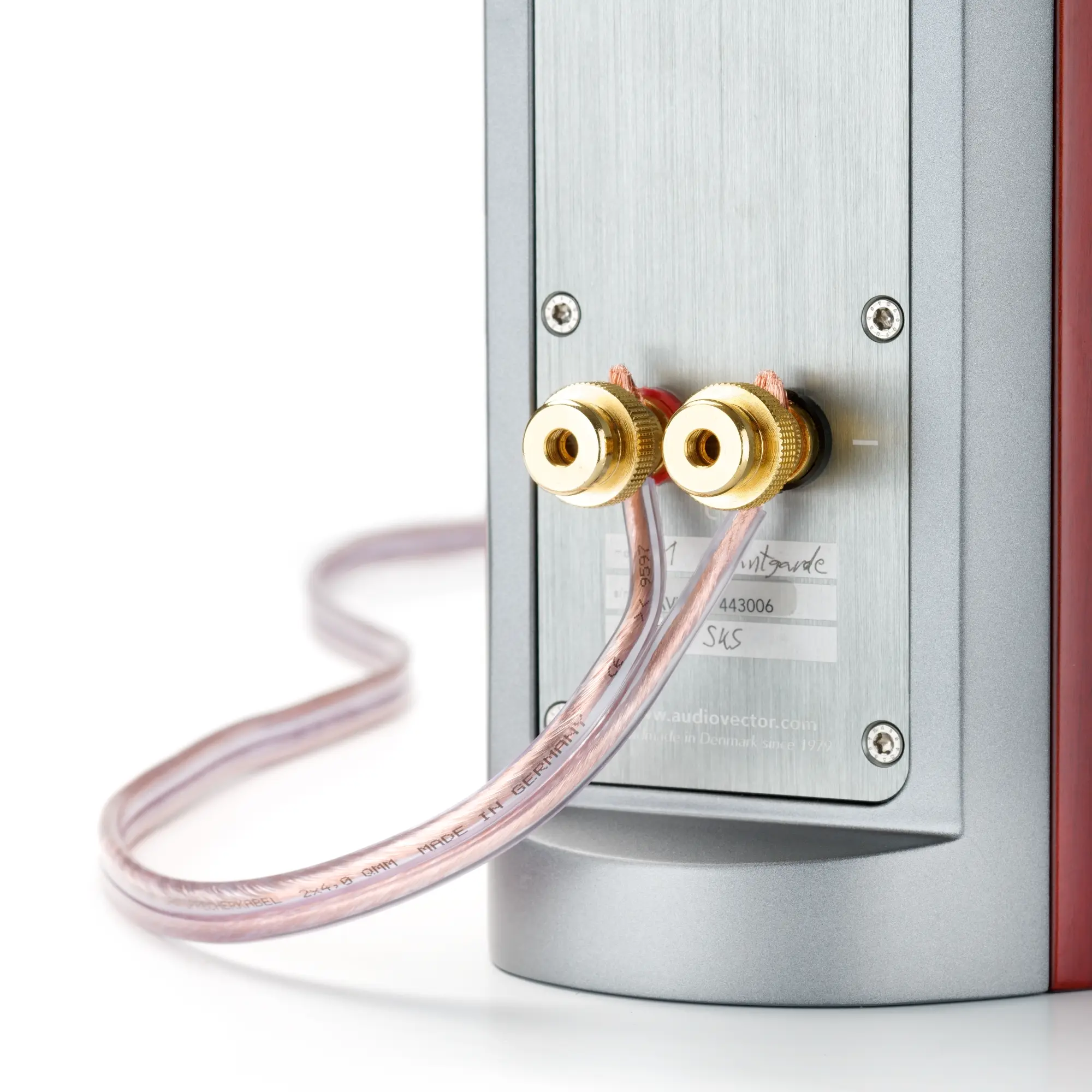 Close-up of a premium copper cable connected to a speaker.