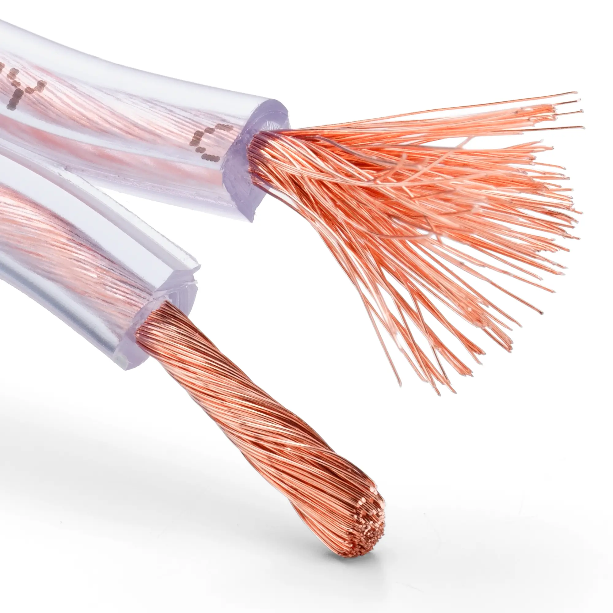 Close-up of the transparent premium copper cable with twisted strands on one side.